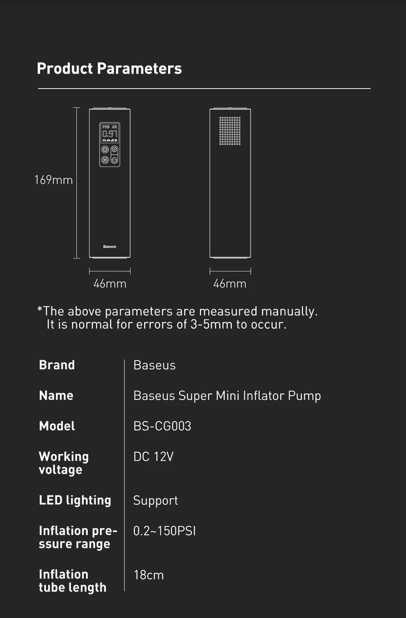 Baseus-compressor de ar portátil  , insuflador de pneus portátil, bomba inflável digital inteligente para carro, bicicleta, motocicletas, bolas esportivas  12V, 150PSI